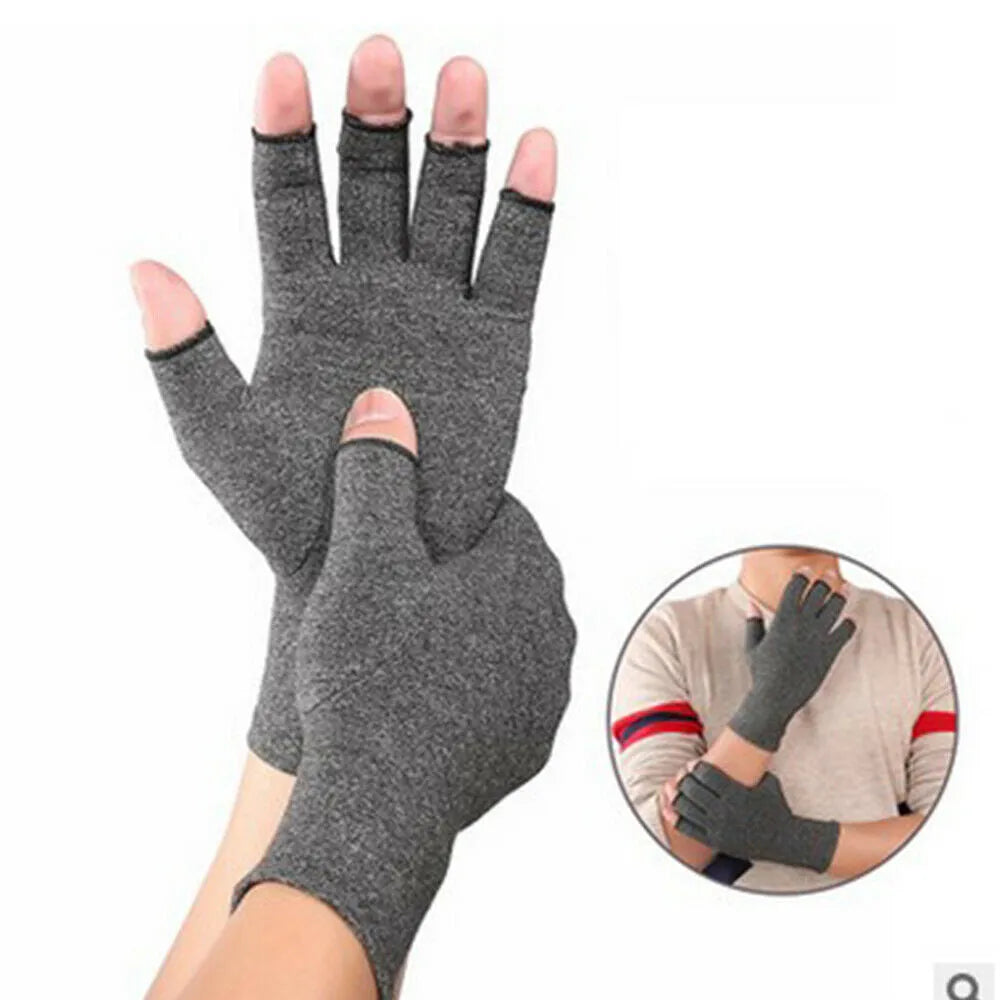 Grey half finger compression gloves with anti-slip grip on palm