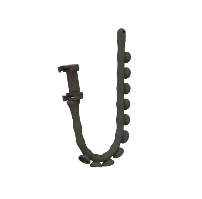 Black flexible rubber phone holder with long 62cm arm and suction cup, holding a mobile phone at an angle.