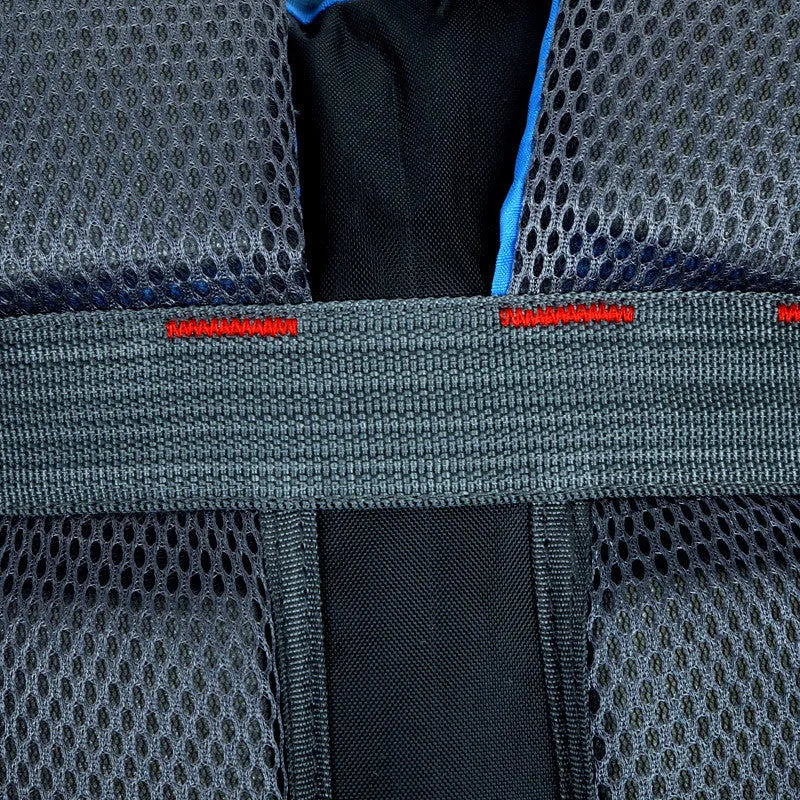 Large black Oxford cloth outdoor travel backpack showing laptop compartment and double shoulder straps.