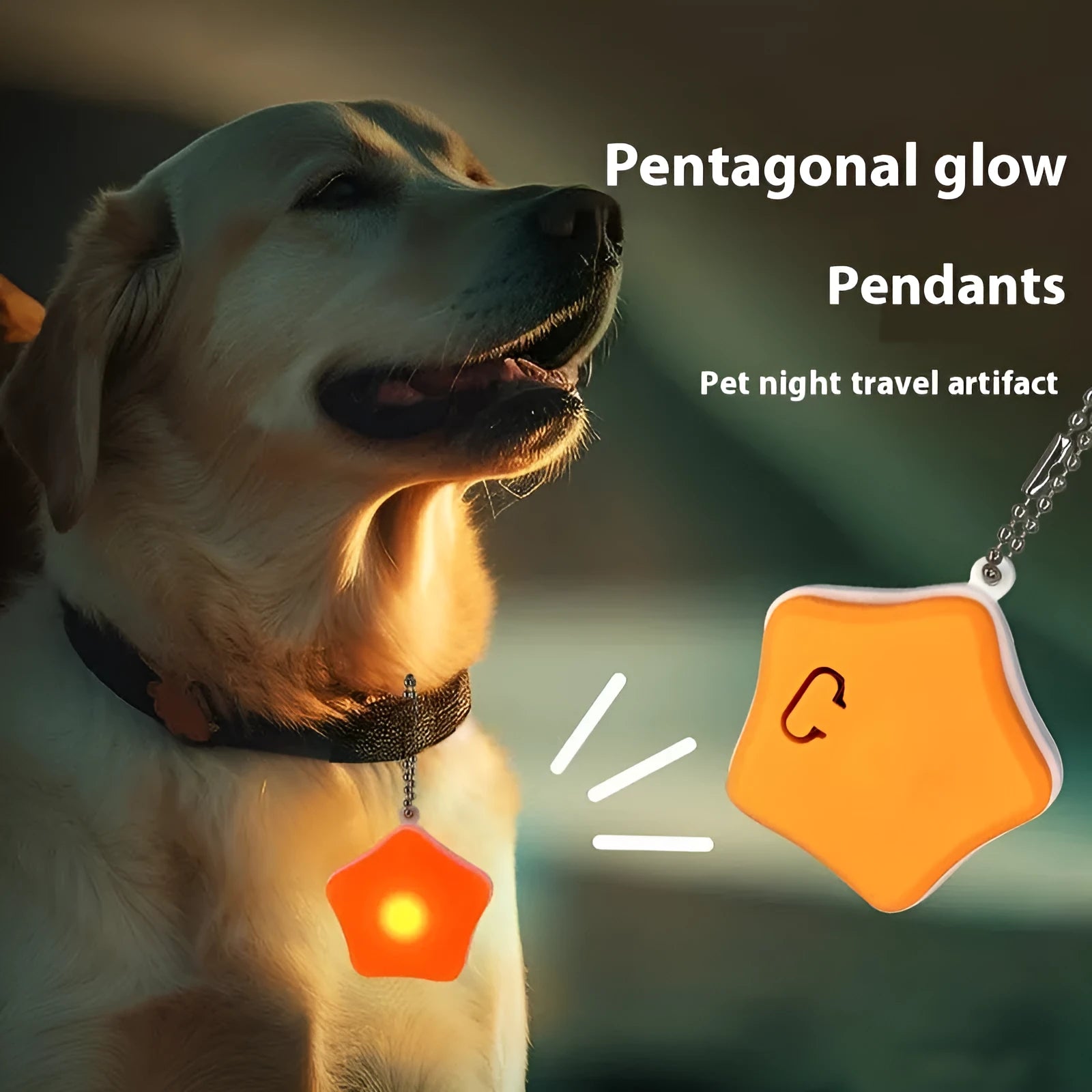 Blue rechargeable pet pendant light attached to dog collar with three lighting modes