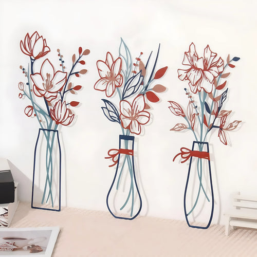 Three piece metal flower wall art set in alloy finish with colour vase holders for country farmhouse decor