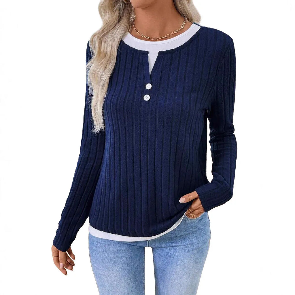Women's black fake two-piece button pullover sweater with concave stripe texture and long sleeves