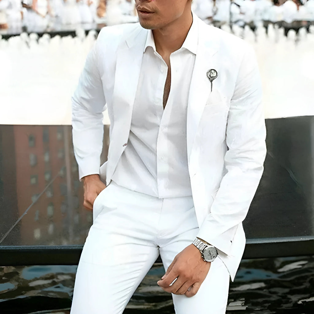 Men's white slim fit two-piece wedding suit with light business style