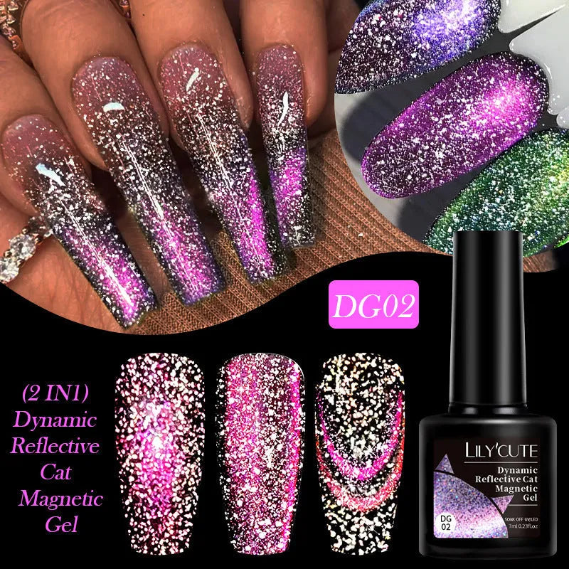 Diamond In The Debris cat eye nail polish gel bottles showing six colour variations with diamond fragments
