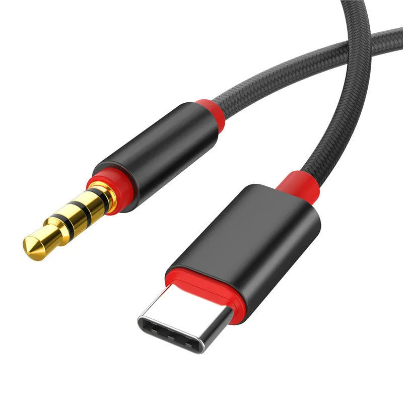 Nylon-braided car audio cable in silver colour with 3.5mm connectors at both ends