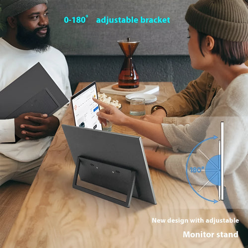 Black 15.6-inch portable office monitor on adjustable stand showing desktop display