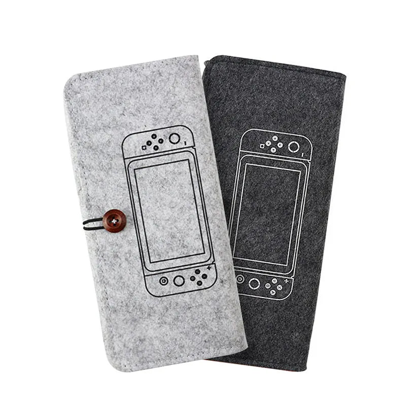 Black felt Nintendo Switch pouch showing game card slots and double storage layers
