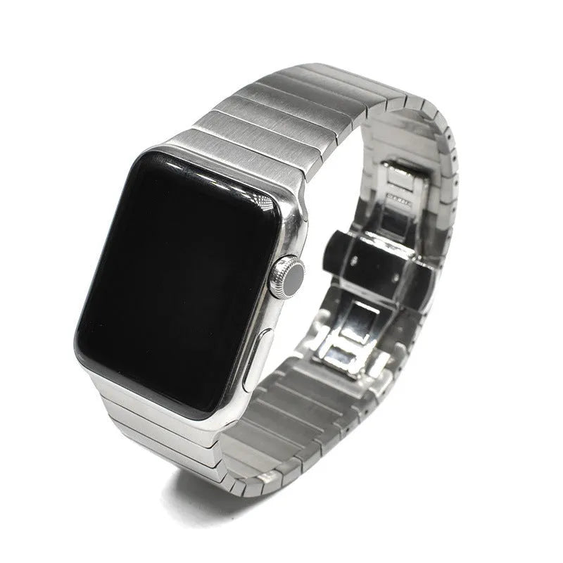 Silver stainless steel metal chain watch strap with butterfly buckle for Apple Watch.