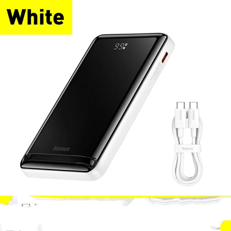 Slim magnetic wireless power bank in blue showing compact dimensions and charging cable