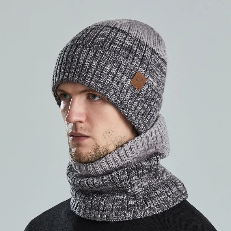 Outdoor fleece-lined thickened winter hat in dome crown style with matching neck warmer, available in multiple colours