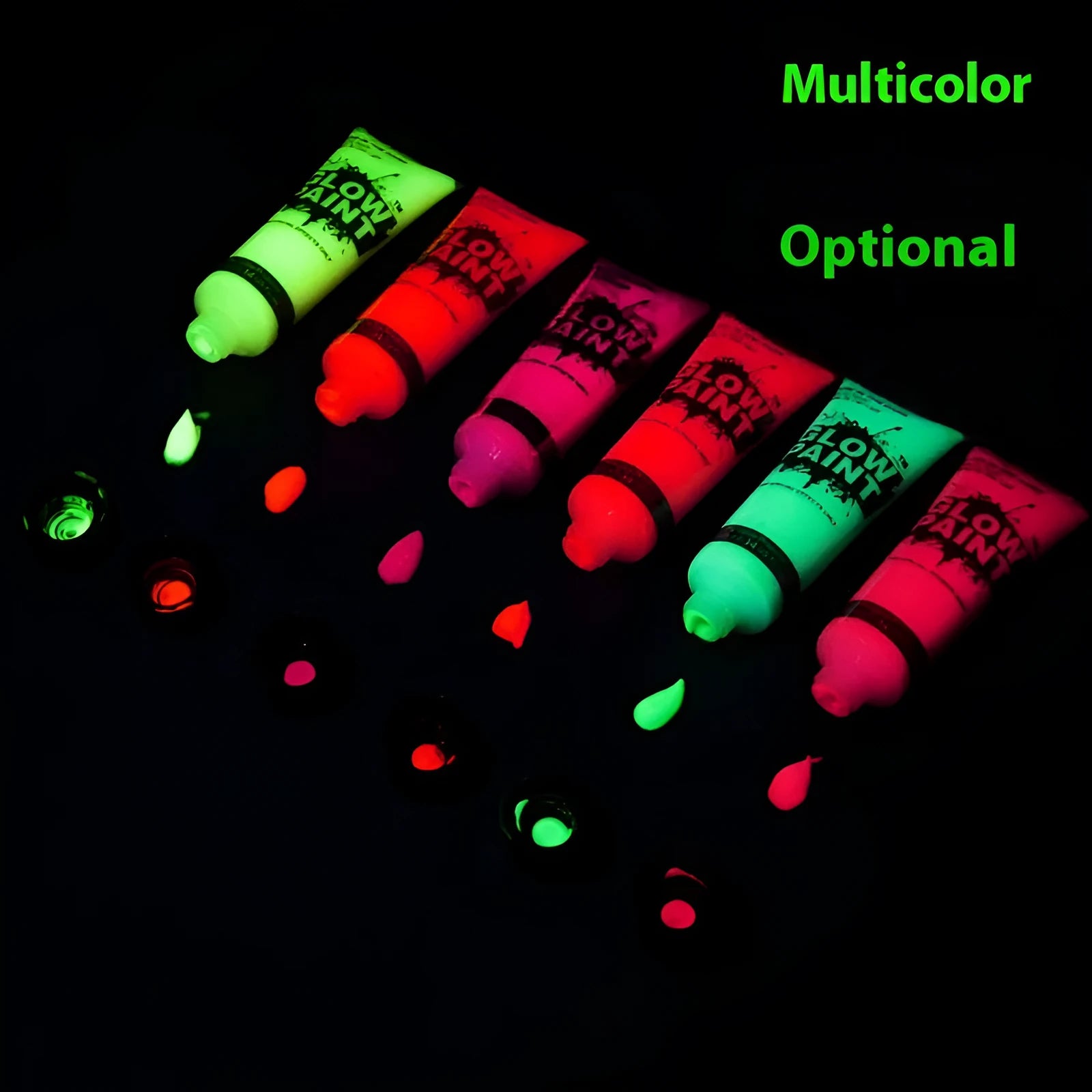 25ml squeeze tube of neon face paint in red, yellow, green, purple, orange, or pink for body art.