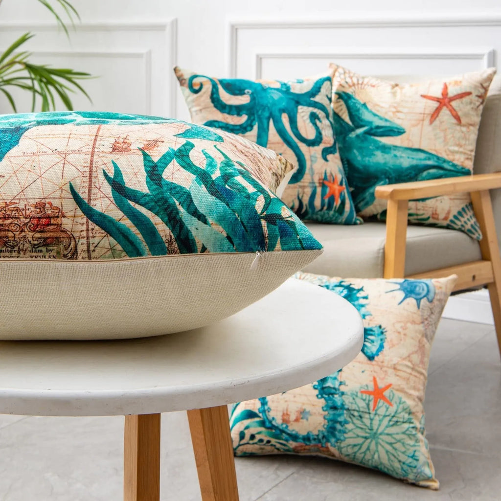 Linen cushion cover sea turtle printed pattern 45x45cm with invisible zipper