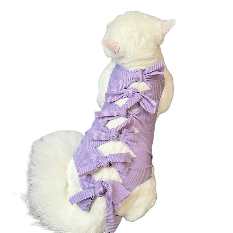Adjustable lace-up cat sterilisation recovery clothing in polyester fabric showing size and colour options