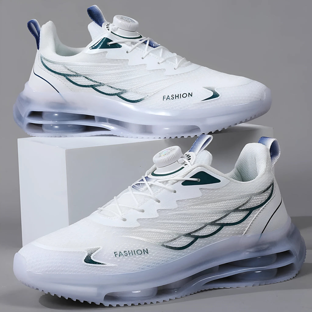 White men's casual running shoes with rotating button closure and mesh upper