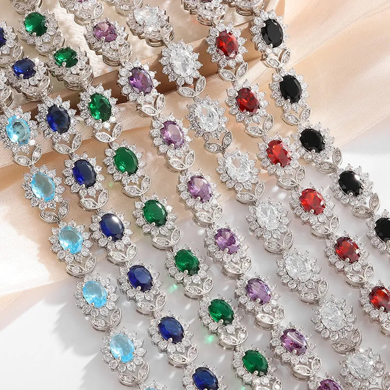 Women's simple zircon inlay bracelet in environmentally friendly alloy, shown in various gemstone-inspired colour finishes.