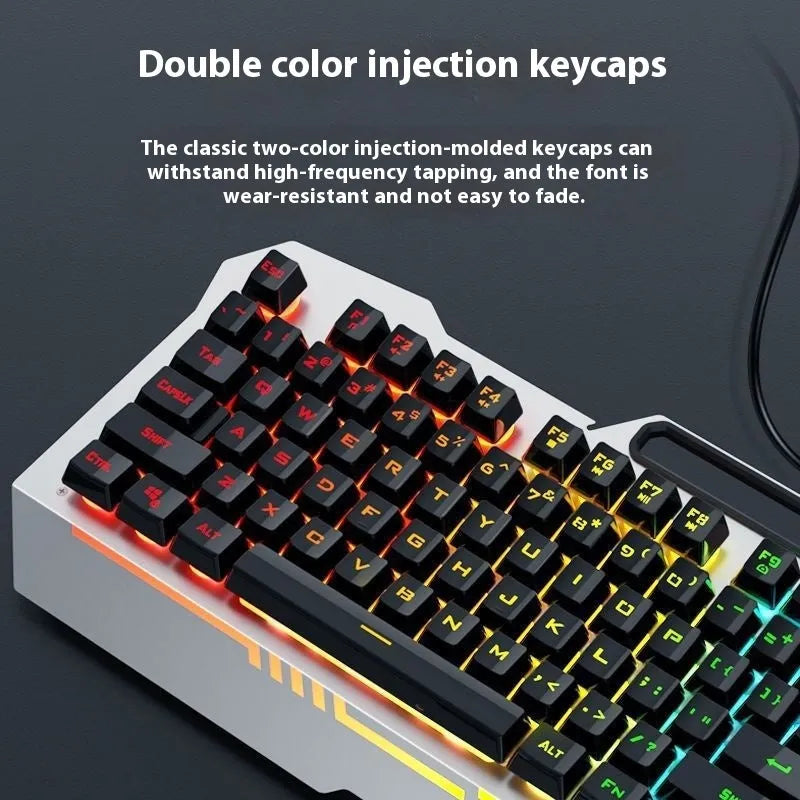 Metal gaming bundle showing mechanical keyboard with RGB lighting, matching mouse, and headset in black colour scheme