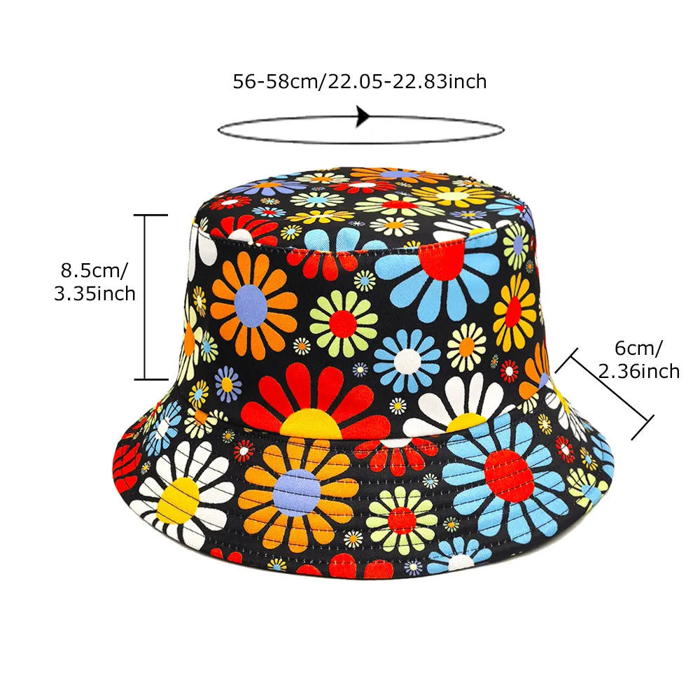 Colourful floral print polyester bucket sun hat with a dome crown, shown on a white background.