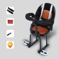 Front-mounted high carbon steel child seat for an electric scooter, shown in red colour.