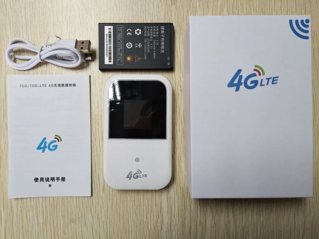 White 4G LTE car router with USB cable, compact 10.8 cm size, on a table surface