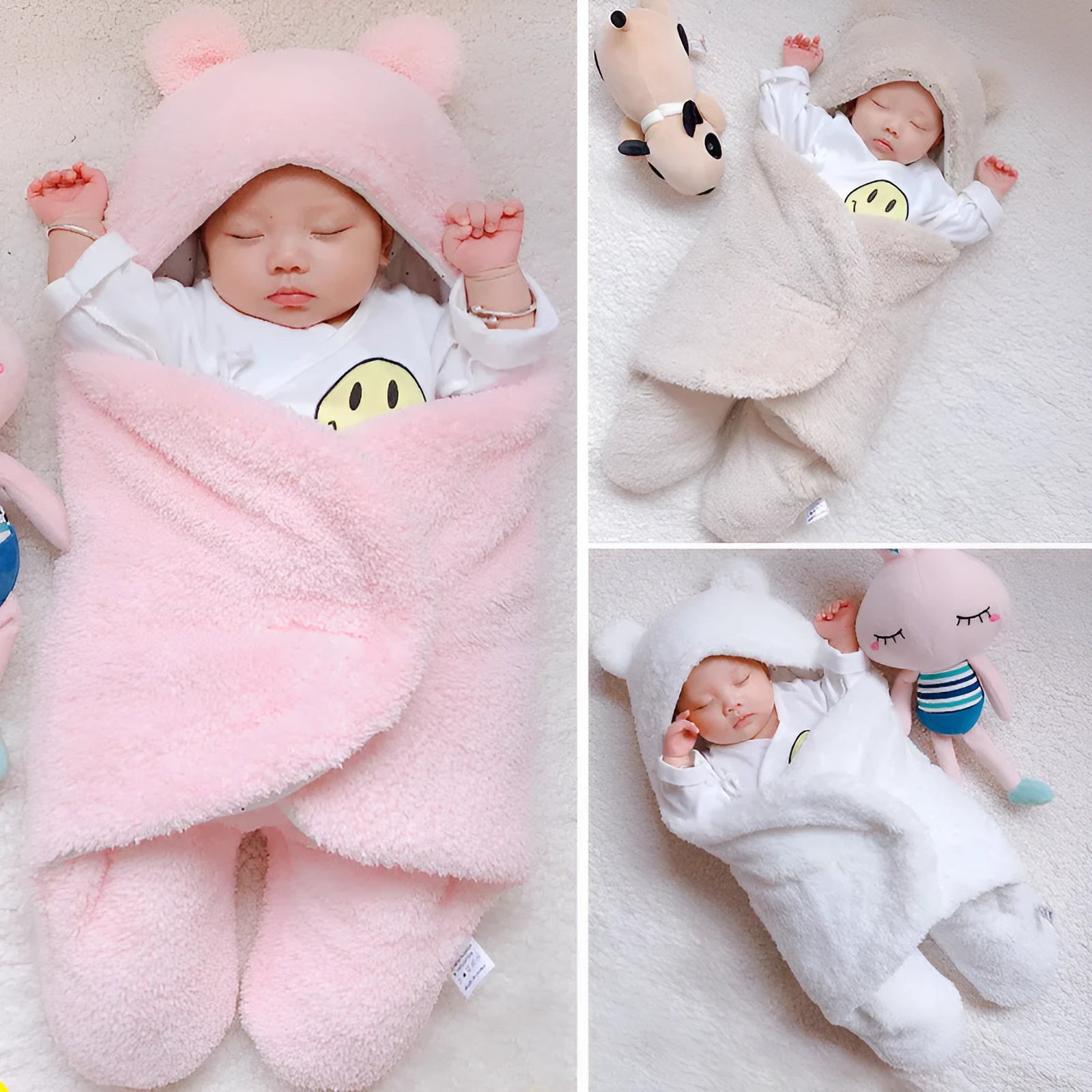 Three-layer newborn sleeping bag envelope in grey with flannel outer and cotton inner, 65cm size