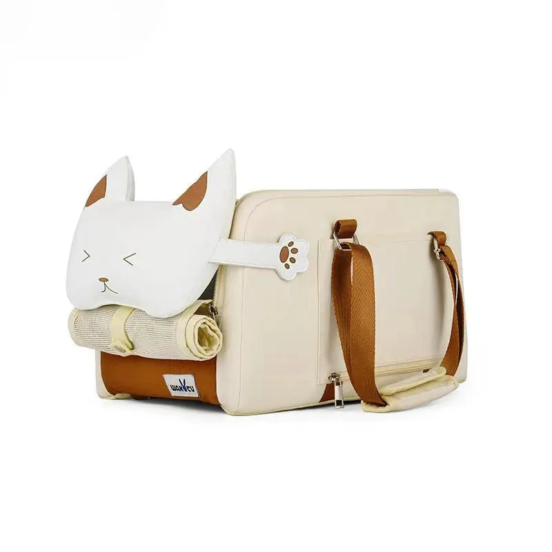 Beige hard-sided pet carrier with one-shoulder strap measuring 43x25x22.5cm for pets under 15kg