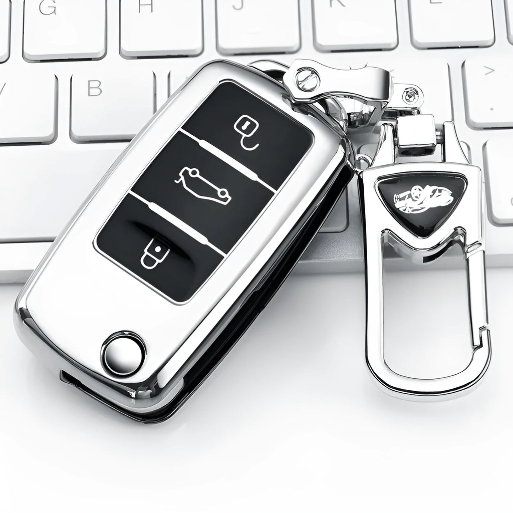 VW Model A folding car key case in TPU material showing colour options: silver, blue, pink, and red.