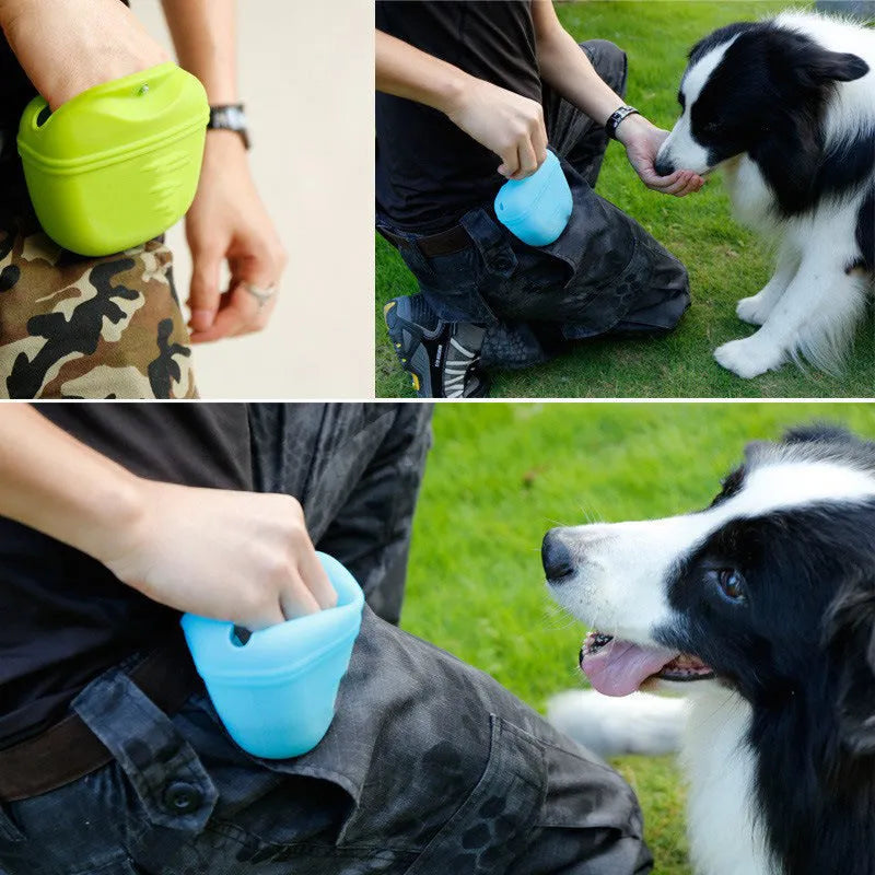 Silicone dog training treat waist bag with clip and magnetic closure in assorted colours.