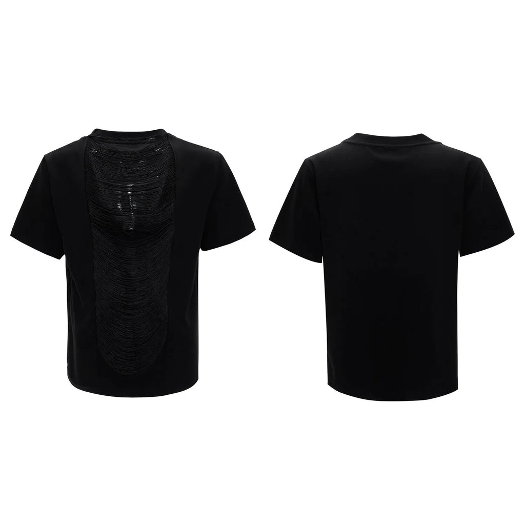 Black men's loose t-shirt with a hollow-out V-neck and short sleeves featuring a tassel detail.