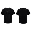 Black men's loose t-shirt with a hollow-out V-neck and short sleeves featuring a tassel detail.