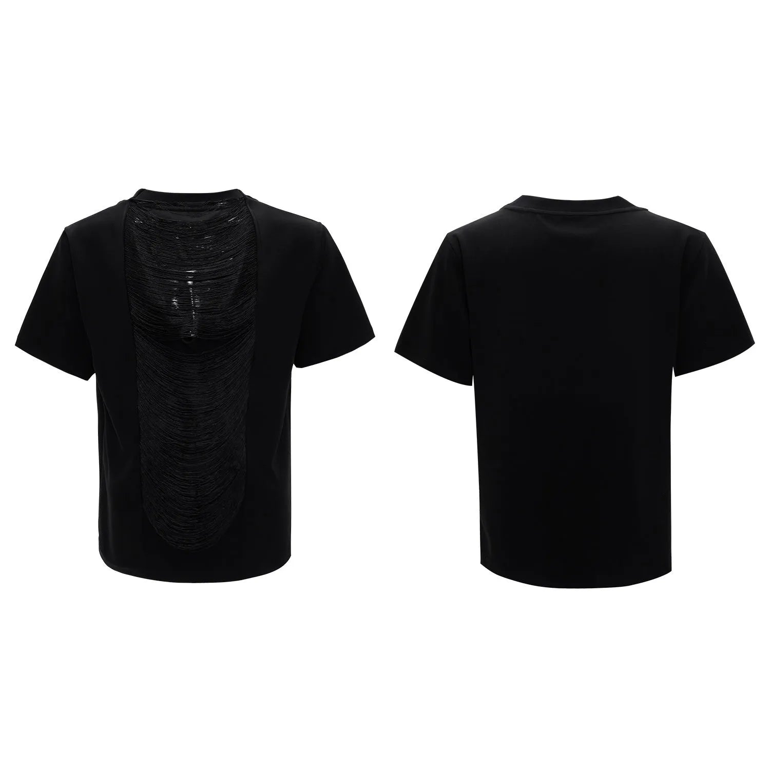 Black men's loose t-shirt with a hollow-out V-neck and short sleeves featuring a tassel detail.