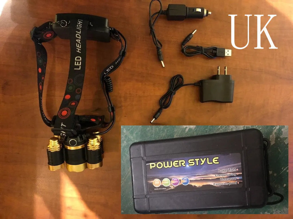 Gold or silver aluminium alloy LED head torch with adjustable focus and optional sensor switch on headband.