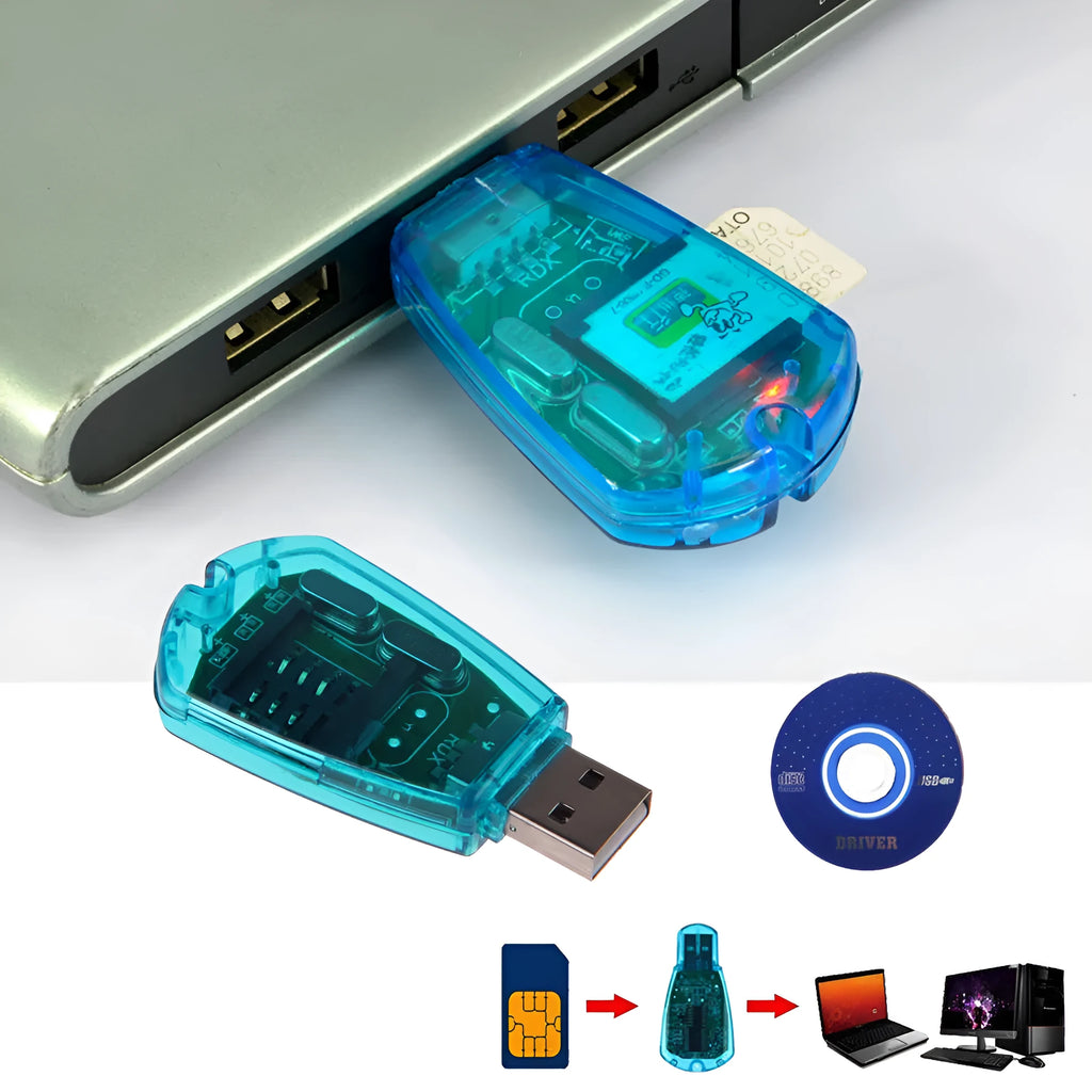 Blue USB SIM card reader for mobile phone data transfer and backup