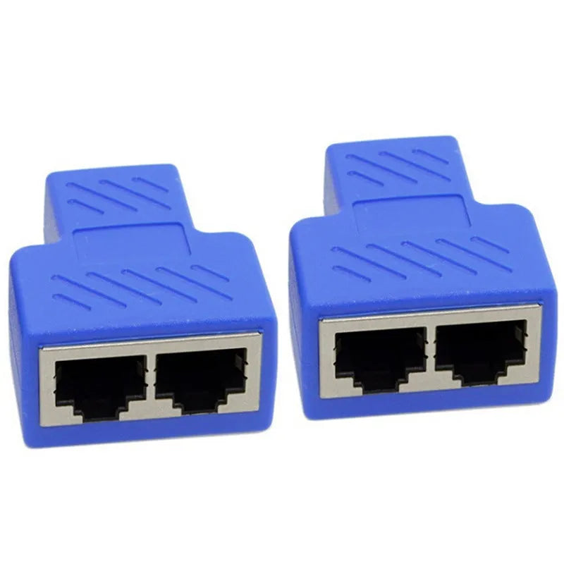 Two white RJ45 network cable splitter adapters showing three ports each.