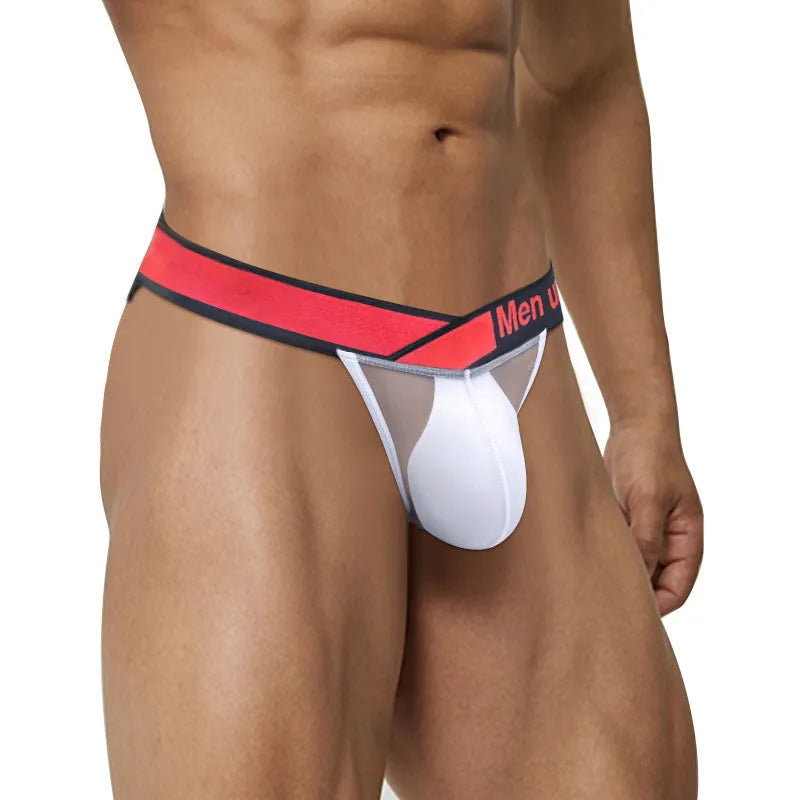 Men's transparent ice silk briefs showing large V gradient high cut design in red colour
