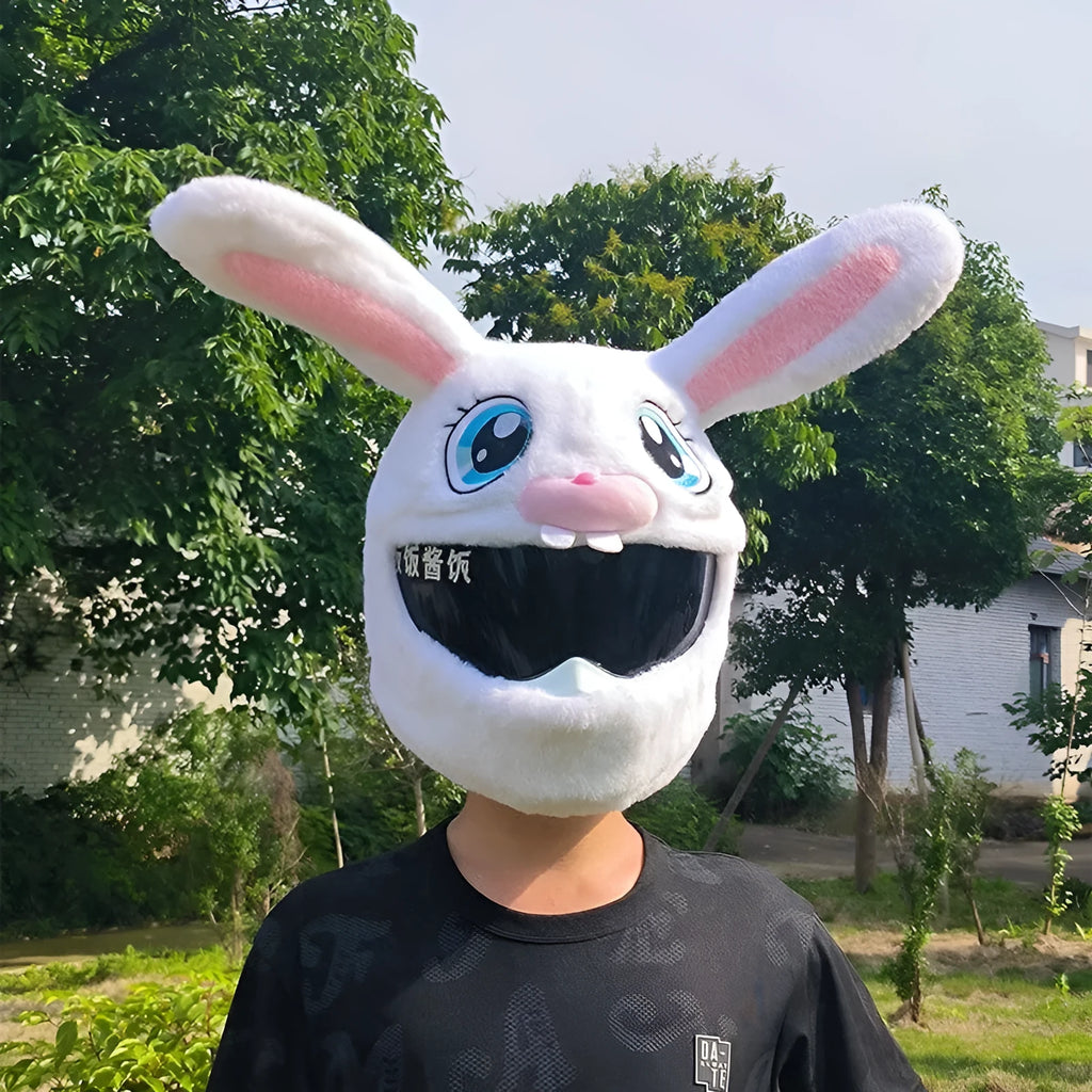 Long Eared Rabbit White plush helmet cover with decorative rabbit head design for electric motorcycles