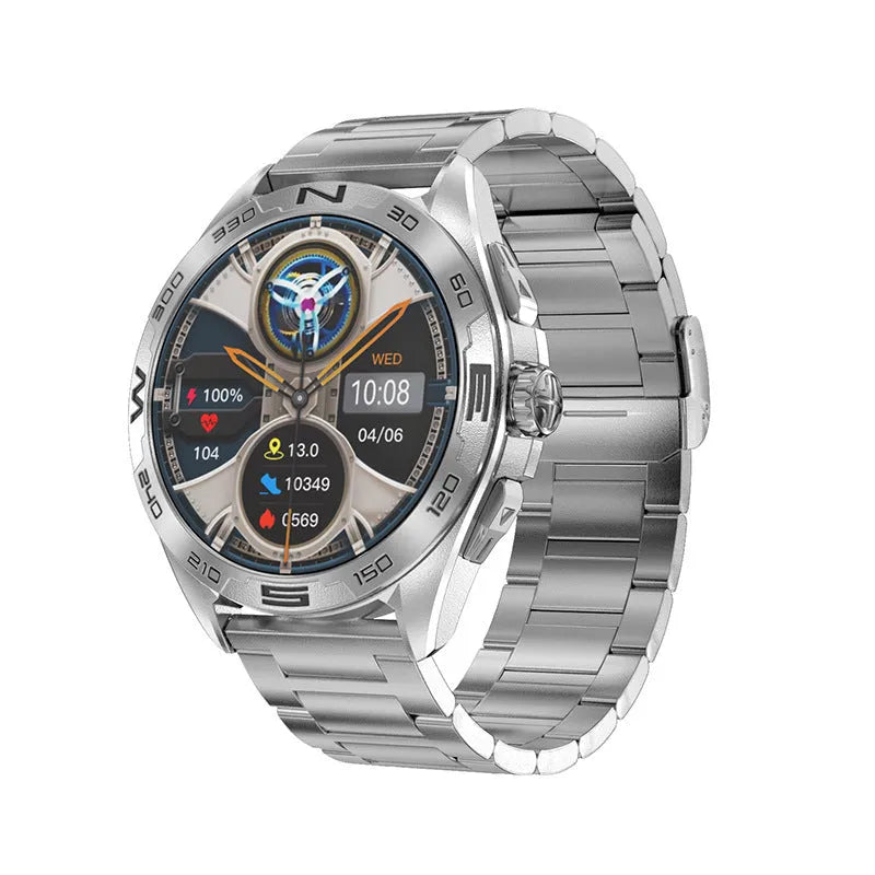 Smart watch displaying health metrics on IPS screen, in black steel colour with metal strap.