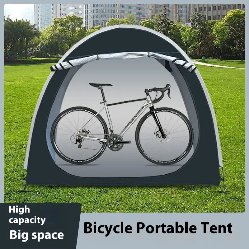 Large black outdoor bicycle storage tent sheltering multiple bikes