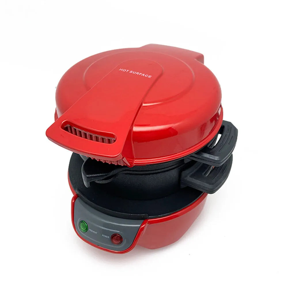 Bright red household breakfast sandwich maker with egg cooker ring and mechanical controls