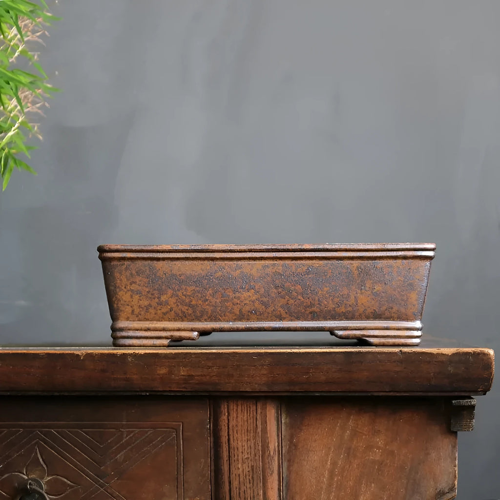 Rectangular purple sand bonsai pot with firewood burning finish, shown in large and small size options.