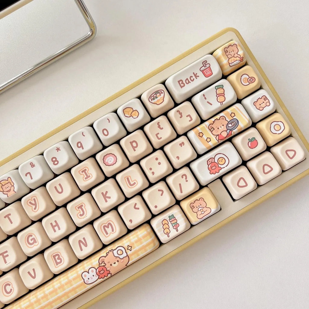 Rabbit Bear Restaurant themed mechanical keyboard keycap set showing 140 PBT plastic keycaps with colourful designs.