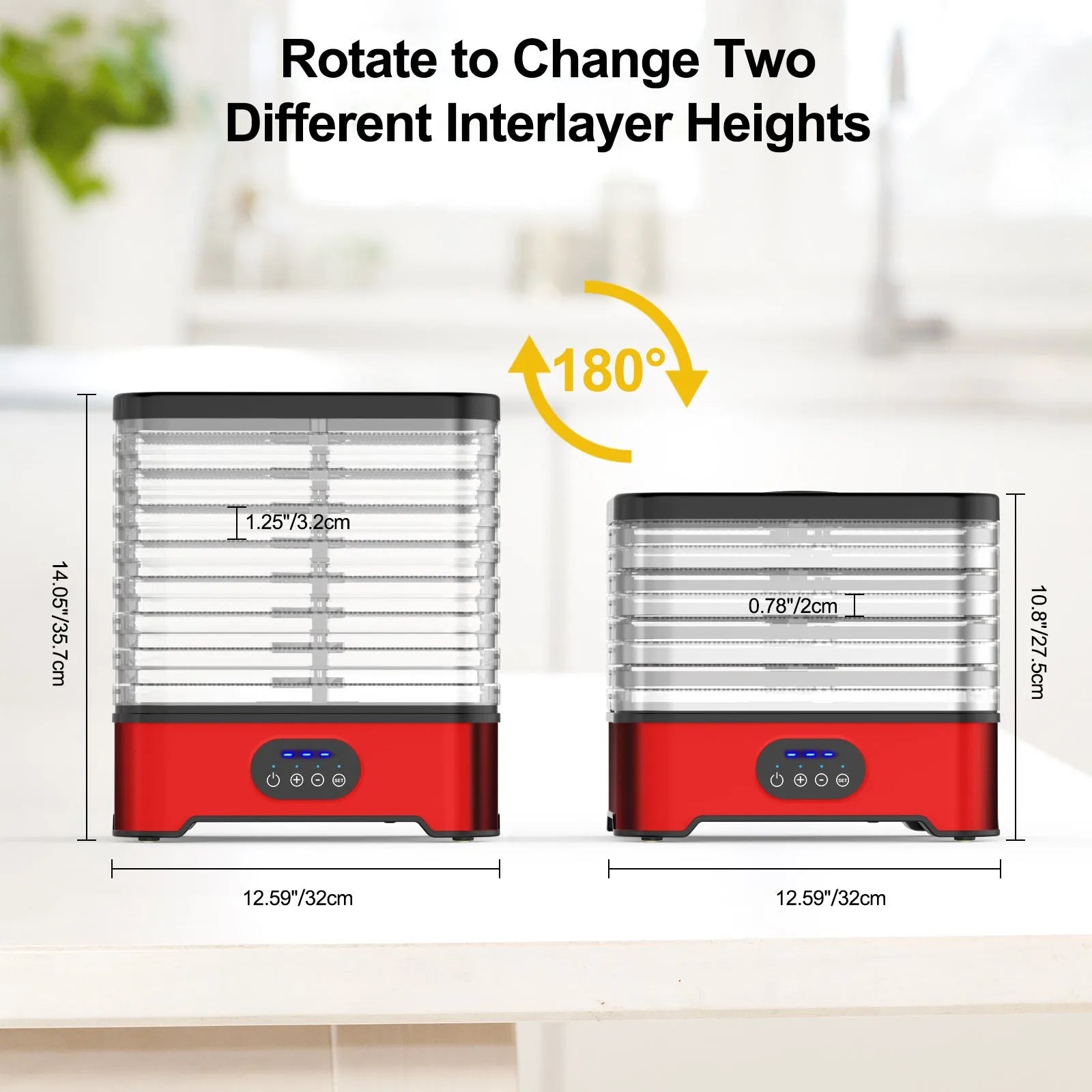 Silver household food dehydrator with 8 drying trays showing expanded and collapsed height positions