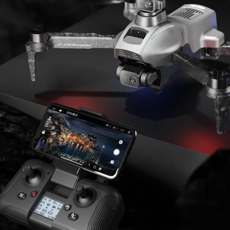 White folding quadcopter drone with camera, remote controller, batteries, and shoulder bag.