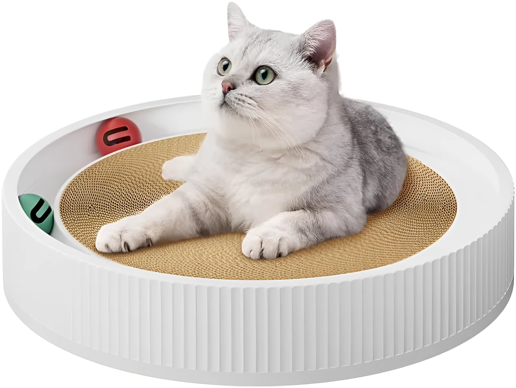 Large circular cat scratching board with replaceable cardboard centre and integrated ball toys