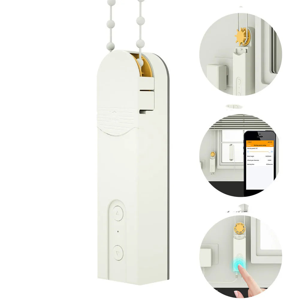 Smart curtain motor in white PC shell with Wi-Fi app control, timer switch, and choice of AU EU UK US plug versions