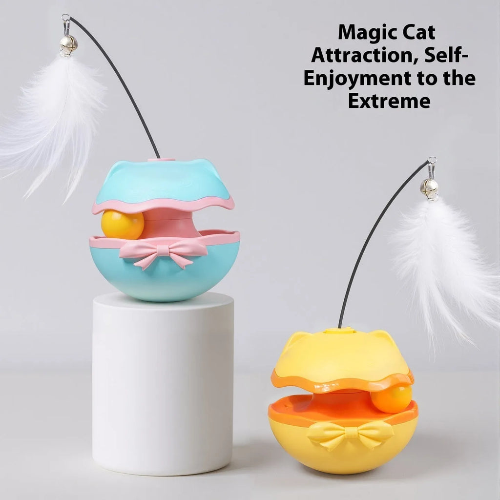 Electric cat toy tumbler with self-rotating base and teaser stick attachment in three colour options