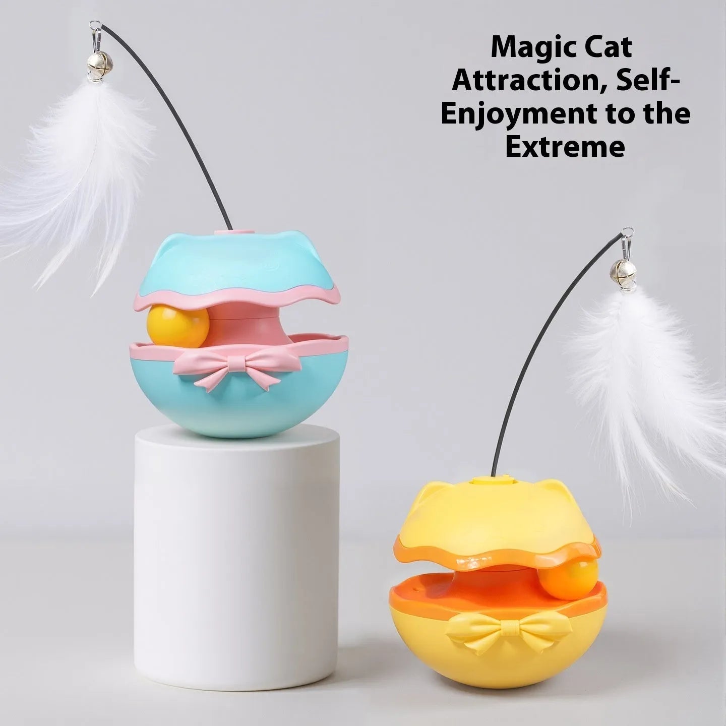 Electric cat toy tumbler with self-rotating base and teaser stick attachment in three colour options
