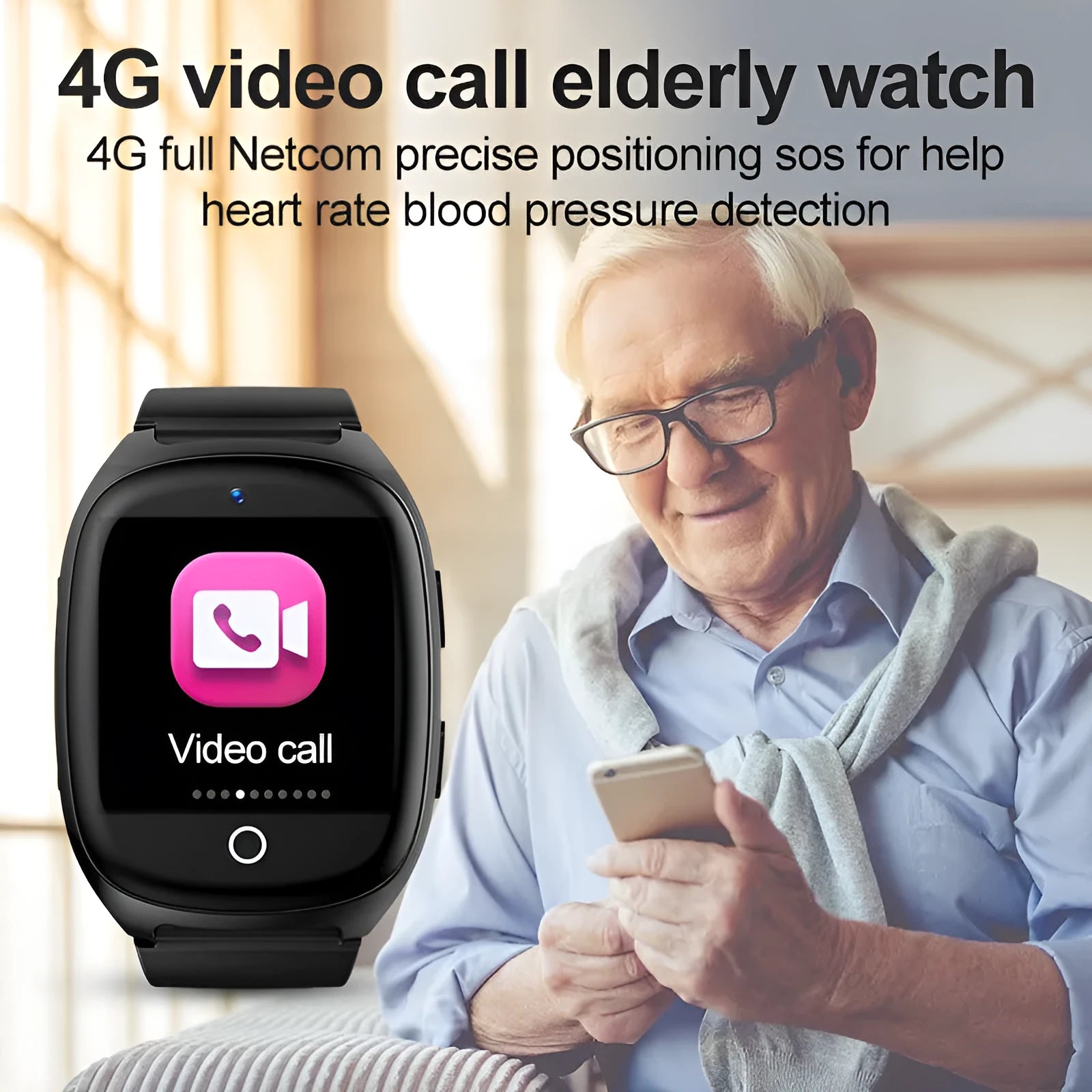 Black GPS smartwatch with touch screen showing location map and SOS button