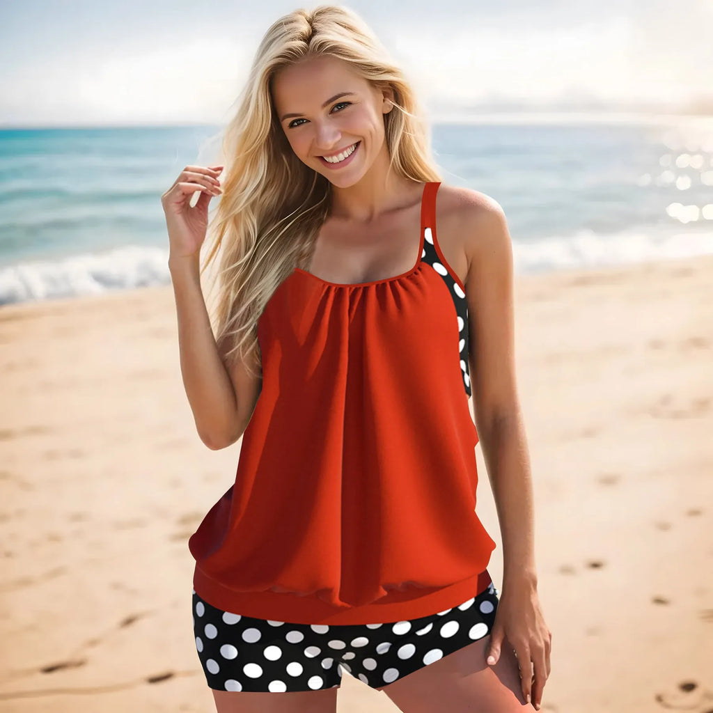 Women's high-waisted polka dot swimsuit briefs in black, red, light blue and dark blue colours