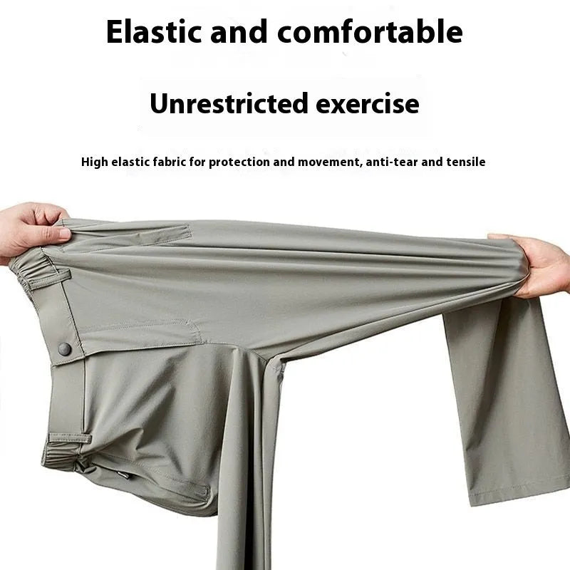 Men's loose fit ice silk straight leg trousers in solid black, light gray, and dark blue with high elastic waist.