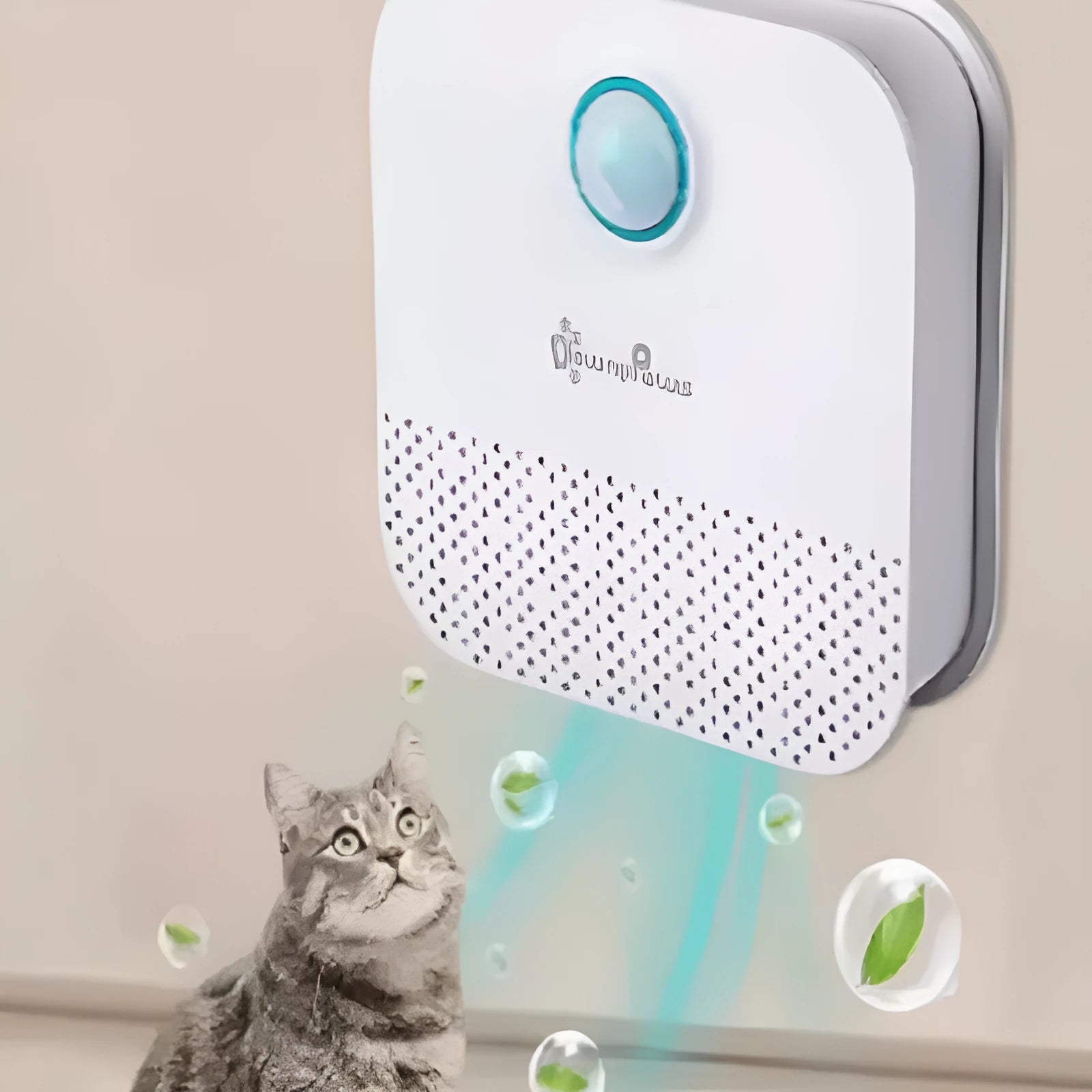 White square DownyPaws smart cat litter odour purifier with compact 9.2 cm dimensions.
